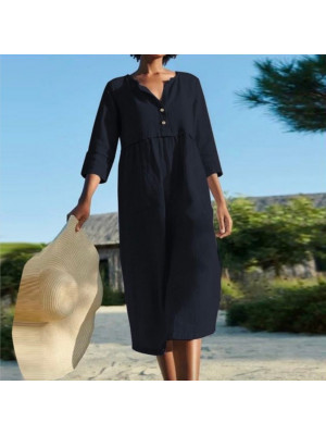 Womens Cotton Linen Half Sleeve Midi Dress Ladies Solid Baggy V Neck Swing Dress