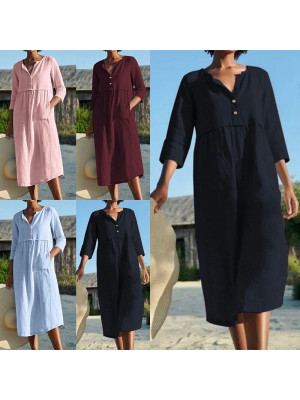 Womens Cotton Linen Half Sleeve Midi Dress Ladies Solid Baggy V Neck Swing Dress