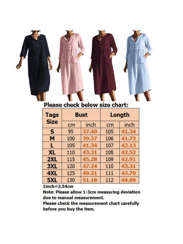 Womens Cotton Linen Half Sleeve Midi Dress Ladies Solid Baggy V Neck Swing Dress