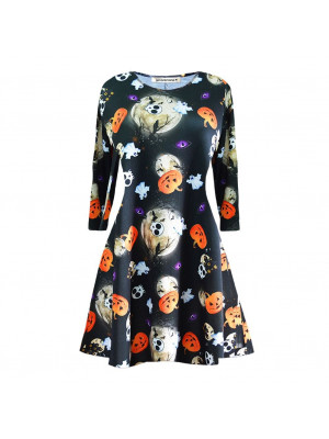 Womens Halloween Skull Fancy Costume Long Sleeve Ladies Scary Flared Swing Dress