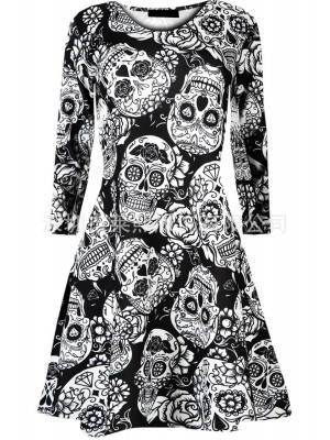 Womens Halloween Skull Fancy Costume Long Sleeve Ladies Scary Flared Swing Dress