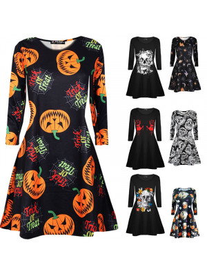 Womens Halloween Skull Fancy Costume Long Sleeve Ladies Scary Flared Swing Dress