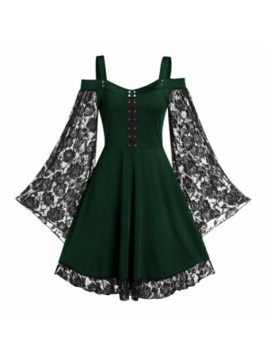 Halloween Womens Steampunk Lace Cold Shoulder Dress Gothic Fancy Dress Costume