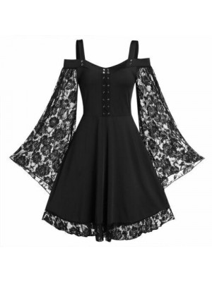 Halloween Womens Steampunk Lace Cold Shoulder Dress Gothic Fancy Dress Costume