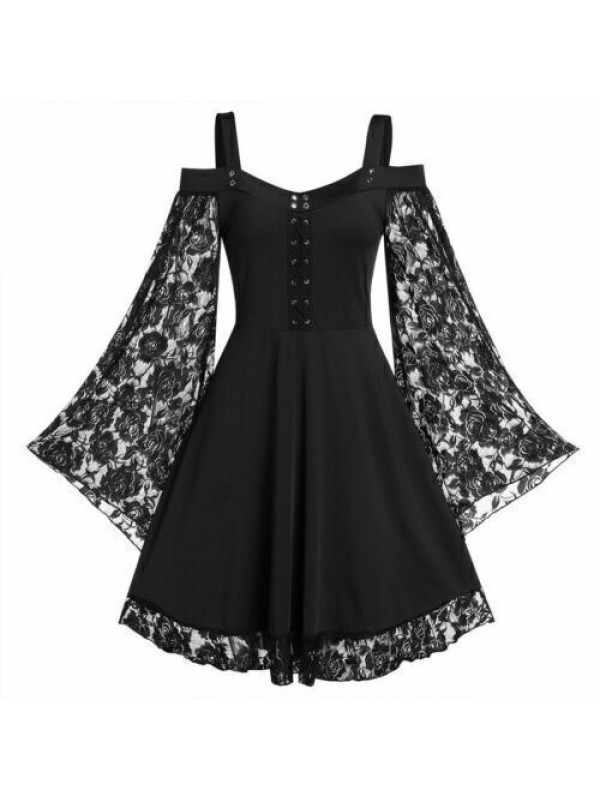 Halloween Womens Steampunk Lace Cold Shoulder Dress Gothic Fancy Dress Costume