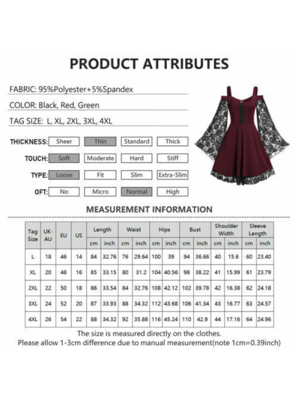 Halloween Womens Steampunk Lace Cold Shoulder Dress Gothic Fancy Dress Costume