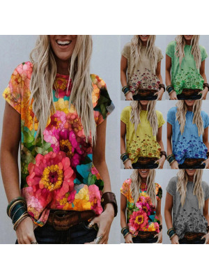 Women Short Sleeve Casual Blouse Shirt Floral Tops Ladies Crew Neck Pullover Tee