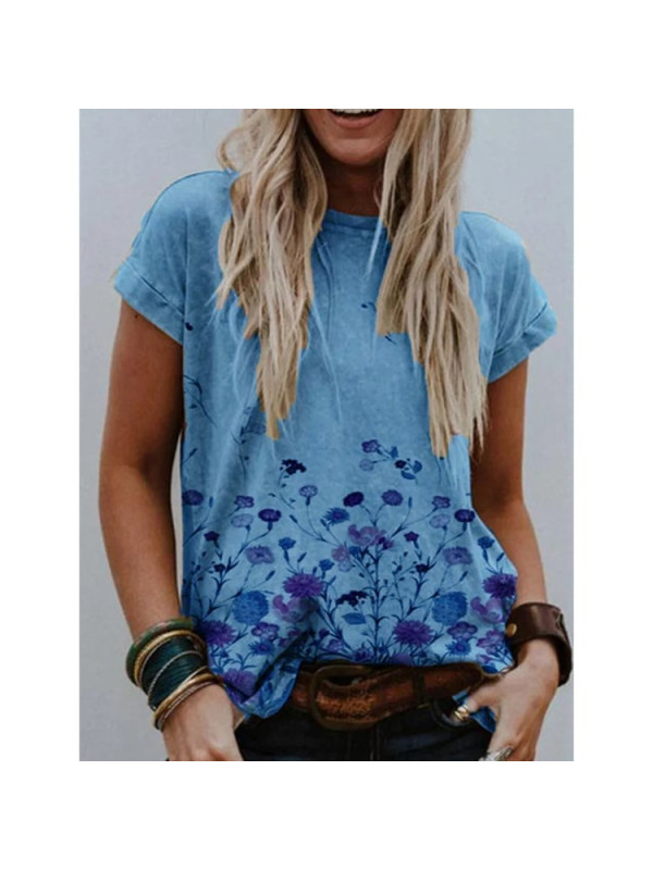 Women Short Sleeve Casual Blouse Shirt Floral Tops Ladies Crew Neck Pullover Tee