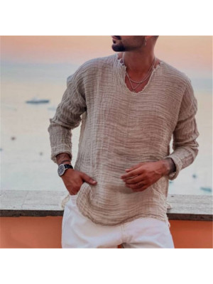 Mens Cotton Linen Street Long Sleeve Shirt Smart Casual Crew Neck Blouse Tops UK