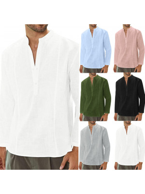 Mens Linen Long Sleeve Shirts Solid Loose Casual Shirt Blouse Top Cotton Summer