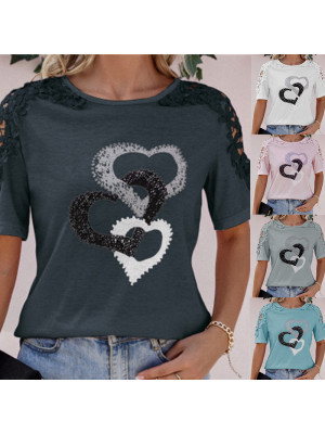 Summer Womens Heart Print Tops Short Sleeve Blouse Ladies T Shirt Plus Size Tee