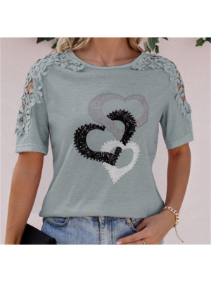 Summer Womens Heart Print Tops Short Sleeve Blouse Ladies T Shirt Plus Size Tee