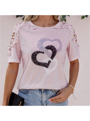 Summer Womens Heart Print Tops Short Sleeve Blouse Ladies T Shirt Plus Size Tee