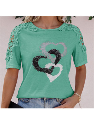 Summer Womens Heart Print Tops Short Sleeve Blouse Ladies T Shirt Plus Size Tee