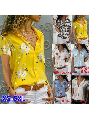 Womens Floral V Neck Blouse Ladies Short Sleeve Button Tops T Shirt Plus Size