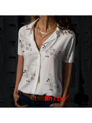 Womens Floral V Neck Blouse Ladies Short Sleeve Button Tops T Shirt Plus Size