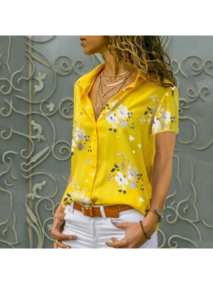 Womens Floral V Neck Blouse Ladies Short Sleeve Button Tops T Shirt Plus Size