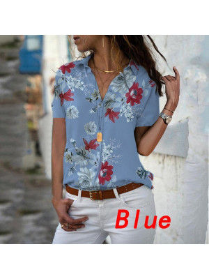 Womens Floral V Neck Blouse Ladies Short Sleeve Button Tops T Shirt Plus Size