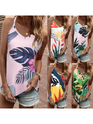 Womens Summer Floral Vest Sleeveless Tops Ladies V Neck T-Shirt Blouse Loose Cami