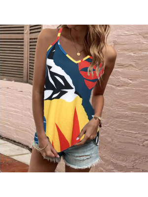 Womens Summer Floral Vest Sleeveless Tops Ladies V Neck T-Shirt Blouse Loose Cami