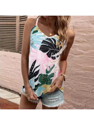 Womens Summer Floral Vest Sleeveless Tops Ladies V Neck T-Shirt Blouse Loose Cami