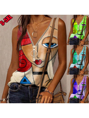 UK Womens Zip V Neck Vest Tops Ladies Casual Summer Sleeveless Blouse Beach Tank