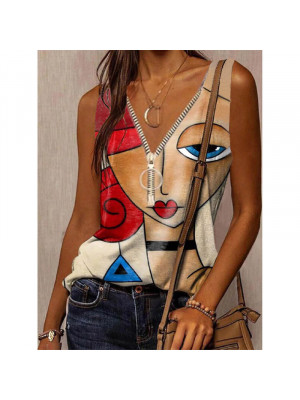 UK Womens Zip V Neck Vest Tops Ladies Casual Summer Sleeveless Blouse Beach Tank