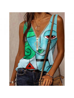 UK Womens Zip V Neck Vest Tops Ladies Casual Summer Sleeveless Blouse Beach Tank