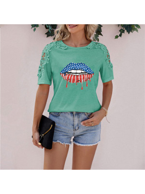 Summer Womens Casual Lips Print Lace Sleeve T shirt Ladies Tops Blouse Plus Size