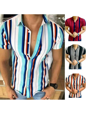 Mens Retro Short Sleeve Shirts Summer Stripe Casual Button Blouse Collar Tops