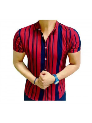 Mens Retro Short Sleeve Shirts Summer Stripe Casual Button Blouse Collar Tops