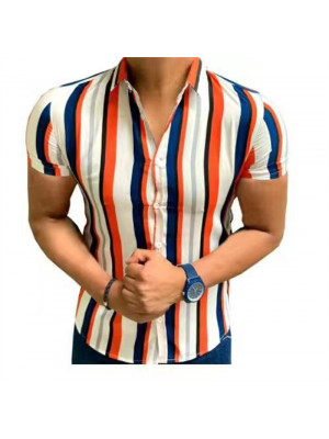 Mens Retro Short Sleeve Shirts Summer Stripe Casual Button Blouse Collar Tops