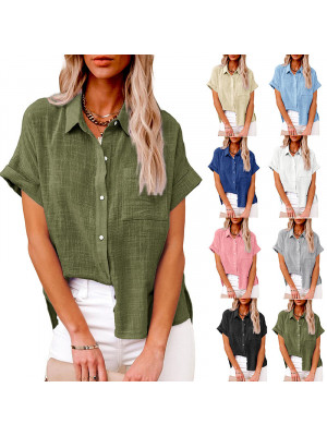 Womens Cotton Linen Casual Blouse  Ladies Button T Shirt Short Sleeve Tops Tunic