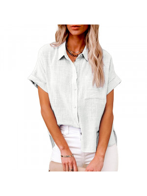 Womens Cotton Linen Casual Blouse  Ladies Button T Shirt Short Sleeve Tops Tunic