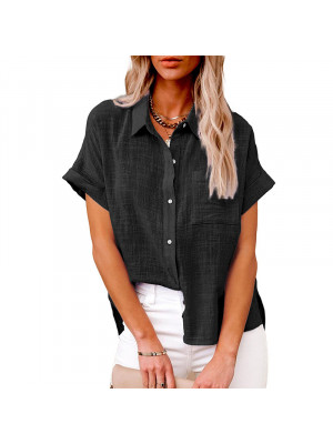 Womens Cotton Linen Casual Blouse  Ladies Button T Shirt Short Sleeve Tops Tunic