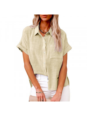 Womens Cotton Linen Casual Blouse  Ladies Button T Shirt Short Sleeve Tops Tunic