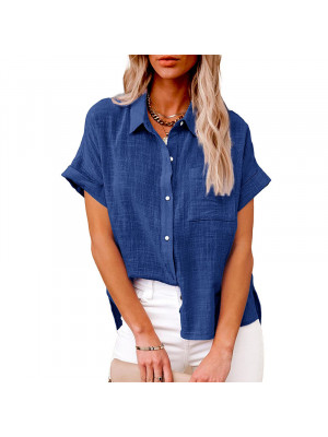 Womens Cotton Linen Casual Blouse  Ladies Button T Shirt Short Sleeve Tops Tunic