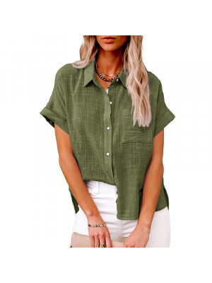 Womens Cotton Linen Casual Blouse  Ladies Button T Shirt Short Sleeve Tops Tunic