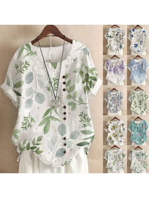 UK Womens Summer Cotton Loose Blouse Floral Tops Ladies T-Shirts Plus Size Tee