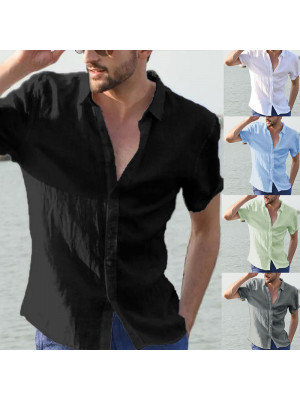 Mens Short Sleeve Linen Shirts Summer Plain Casual Dress Shirt Blouse Loose Tops