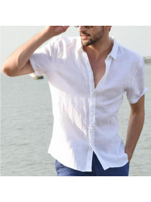 Mens Short Sleeve Linen Shirts Summer Plain Casual Dress Shirt Blouse Loose Tops