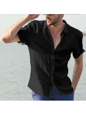 Mens Short Sleeve Linen Shirts Summer Plain Casual Dress Shirt Blouse Loose Tops