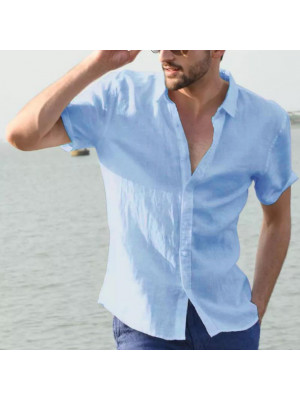 Mens Short Sleeve Linen Shirts Summer Plain Casual Dress Shirt Blouse Loose Tops