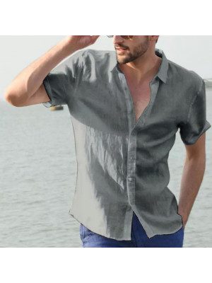 Mens Short Sleeve Linen Shirts Summer Plain Casual Dress Shirt Blouse Loose Tops