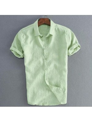 Mens Short Sleeve Linen Shirts Summer Plain Casual Dress Shirt Blouse Loose Tops