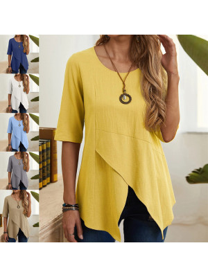 Women Cotton Linen Irregular Tops Lady Summer T Shirt Slim Pullover Tunic Blouse