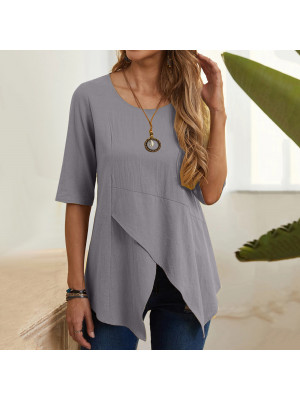 Women Cotton Linen Irregular Tops Lady Summer T Shirt Slim Pullover Tunic Blouse