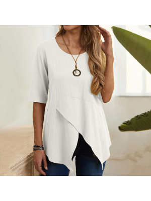 Women Cotton Linen Irregular Tops Lady Summer T Shirt Slim Pullover Tunic Blouse