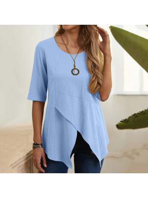 Women Cotton Linen Irregular Tops Lady Summer T Shirt Slim Pullover Tunic Blouse