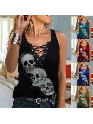 UK Womens Summer Skull Vest Tank Sleeveless T Shirt V Neck Tops Blouse Plus Size